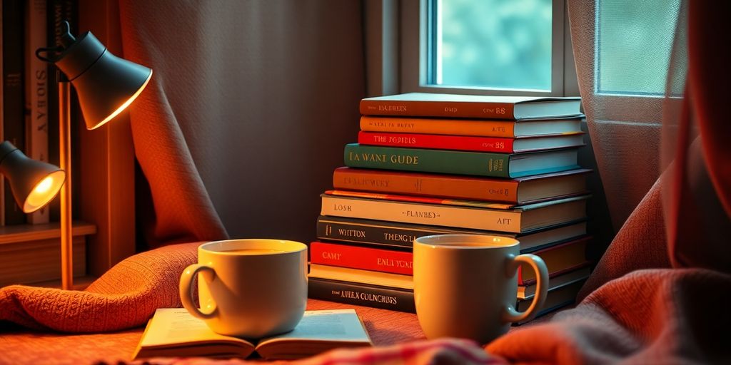 Cozy reading nook with colorful books and tea.