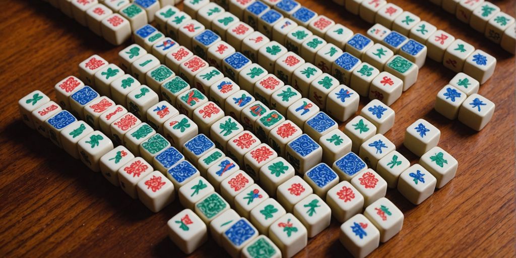 Colorful Mahjong tiles on a wooden table.