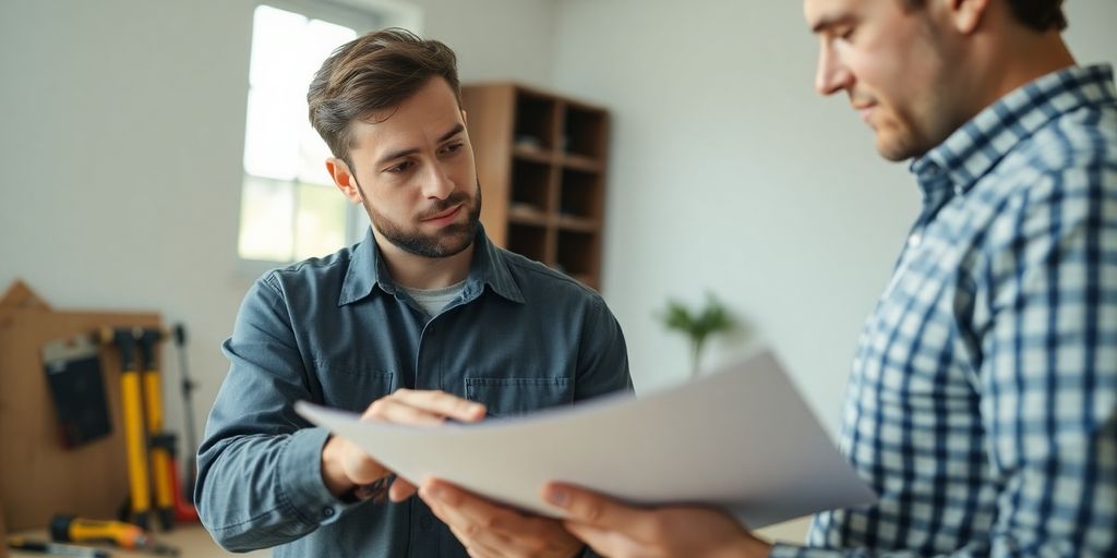 Home repair expert and client discussing a contract.