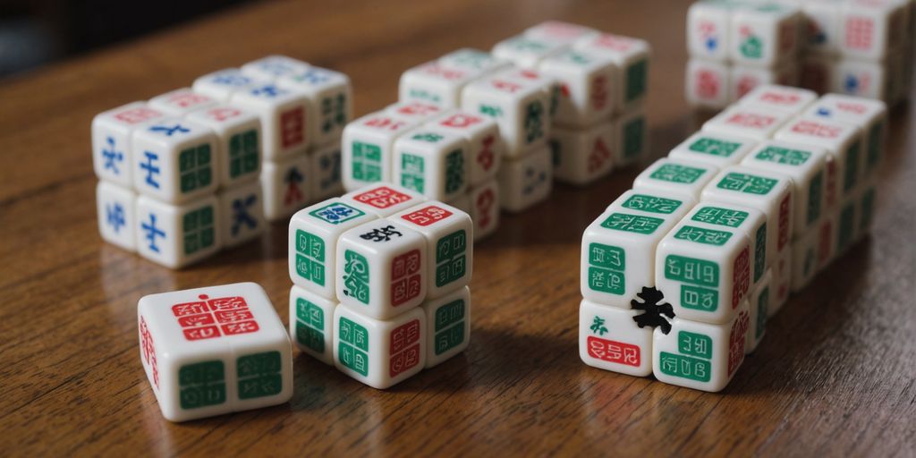 Different sizes of Mahjong tiles displayed on a wooden surface.