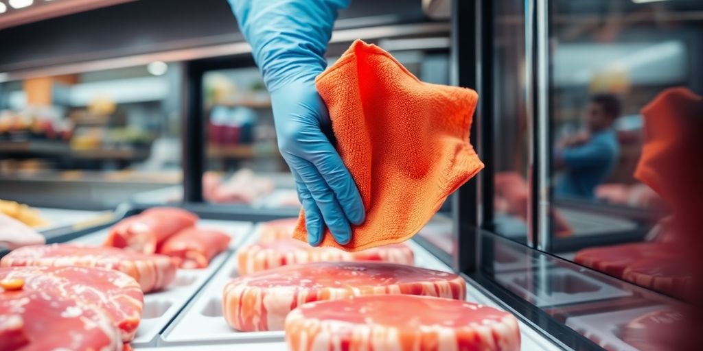 Gloved hands cleaning inside a meat display case.