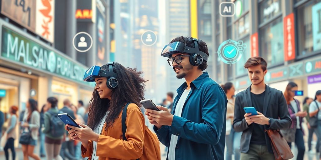 People engaging with AI technology in a modern city.