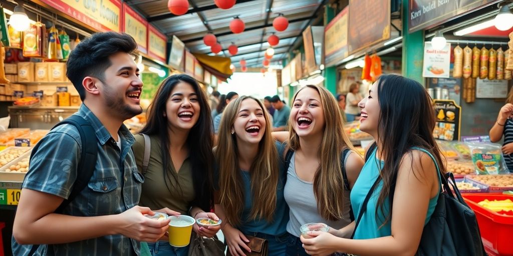 Friends enjoying a spontaneous adventure in a lively market.