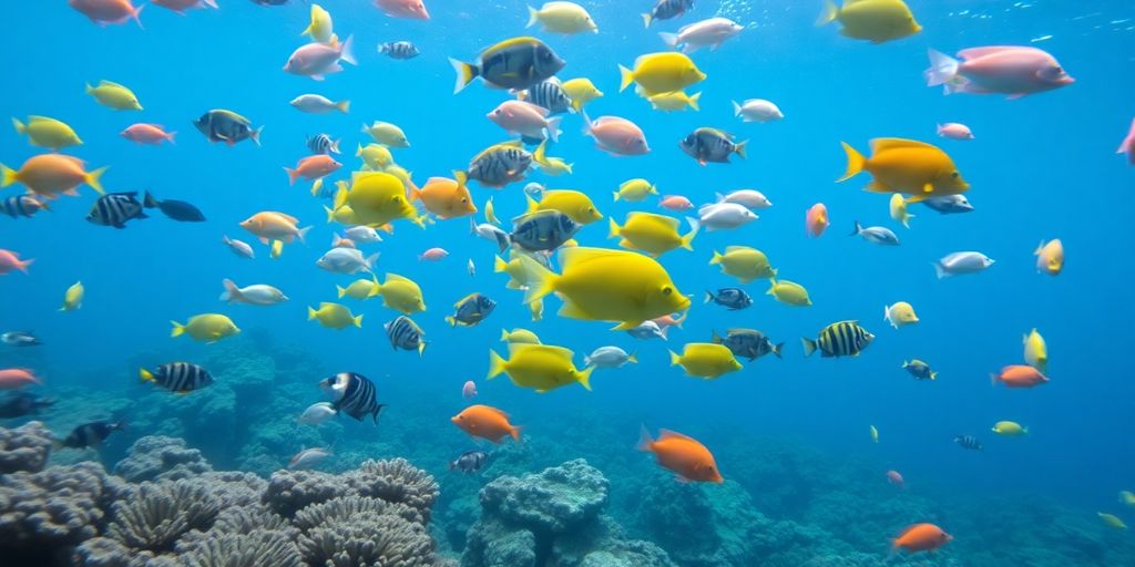 Makukulay na isda na lumalangoy sa isang coral reef sa ilalim ng tubig.
