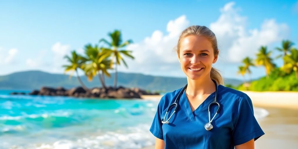 Travel nurse on a sunny Hawaiian beach.