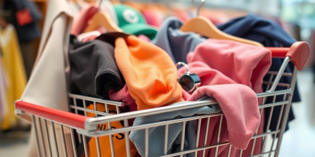 Bir sepet içinde çeşitli kıyafetler ve moda aksesuarları.
