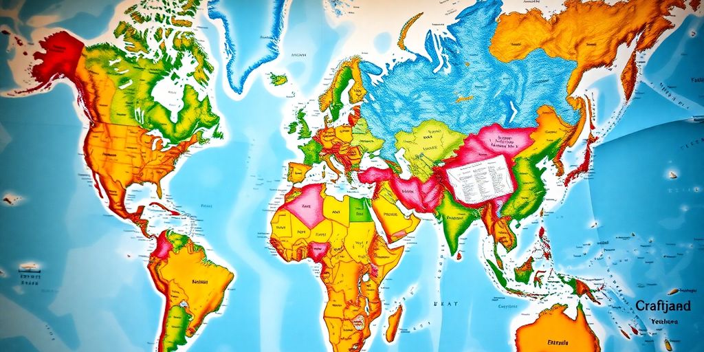 Colorful world map with detailed geographical features.