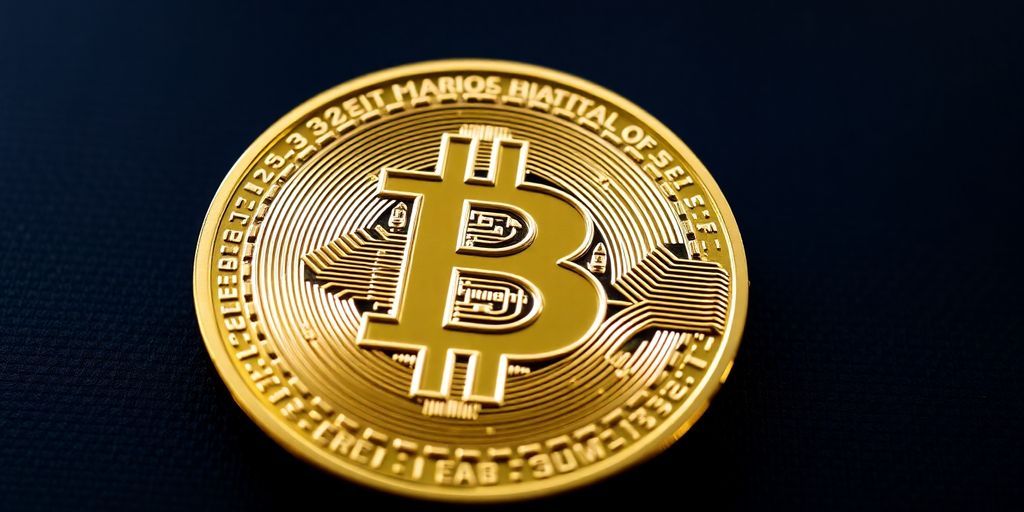 Close-up of a gold Bitcoin coin on dark surface.