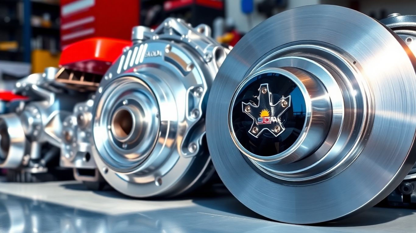 Shiny Skoda car parts arranged on a workshop surface.