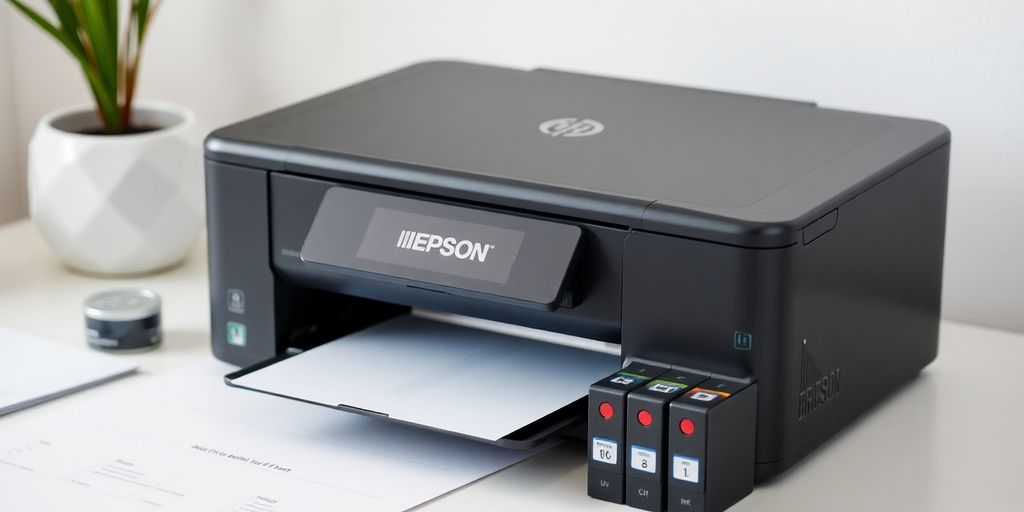 Impressora Epson em destaque com suprimentos.
