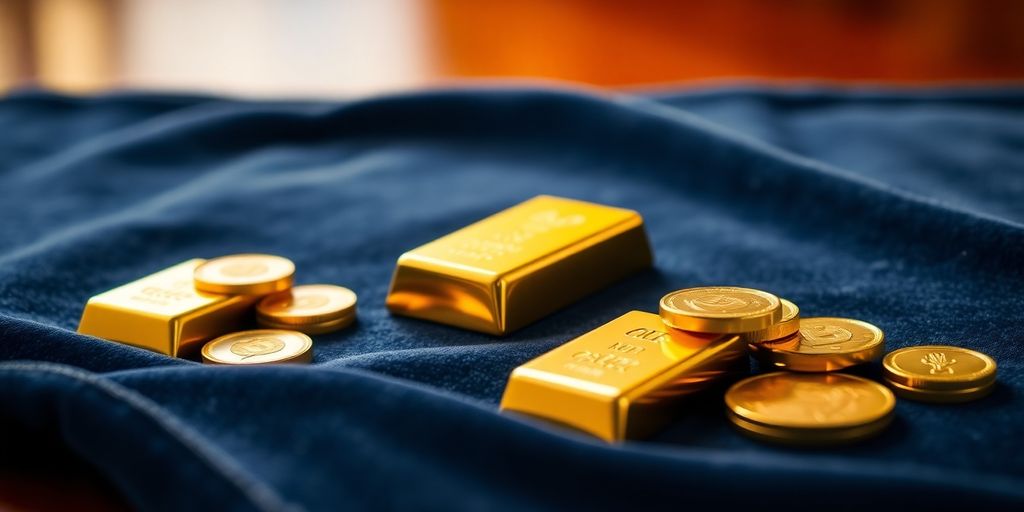 Barres et pièces d'or sur un tissu en velours.