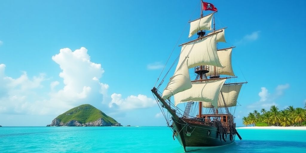 Pirate ship sailing on turquoise waters under blue sky.