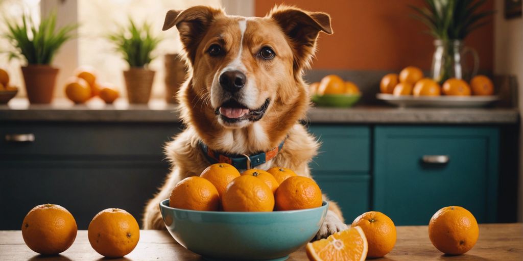 Happy dog with a bowl of oranges and fruits, exploring dog-safe fruits.