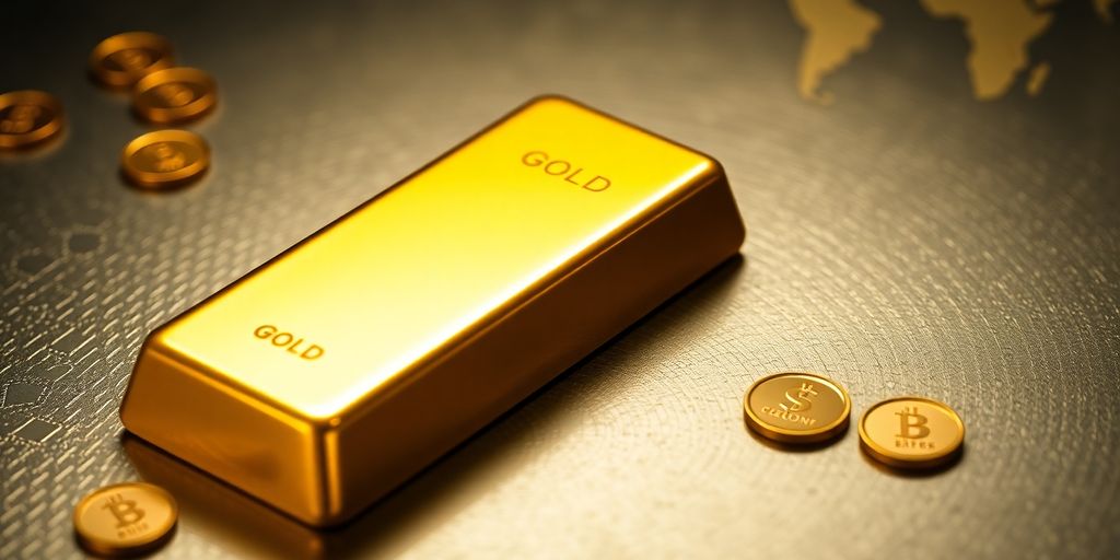 Barre d'or avec des pièces et un globe flou.