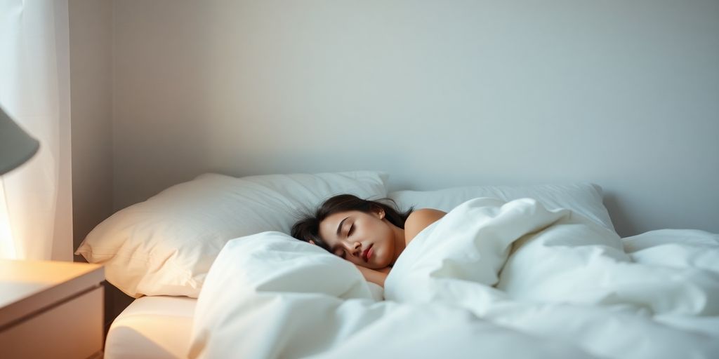 Person sleeping peacefully in a dimly lit room.