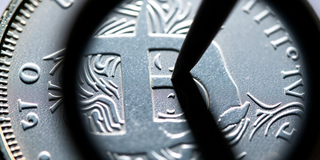 Close-up of coin magnified by a jeweler's loupe.