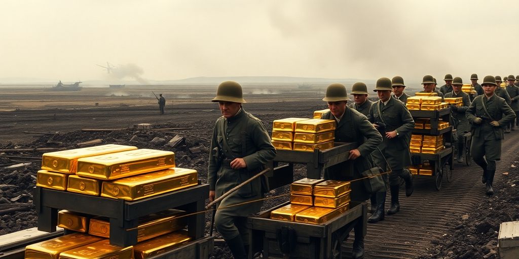 Soldats transportant des barres d'or pendant la guerre.