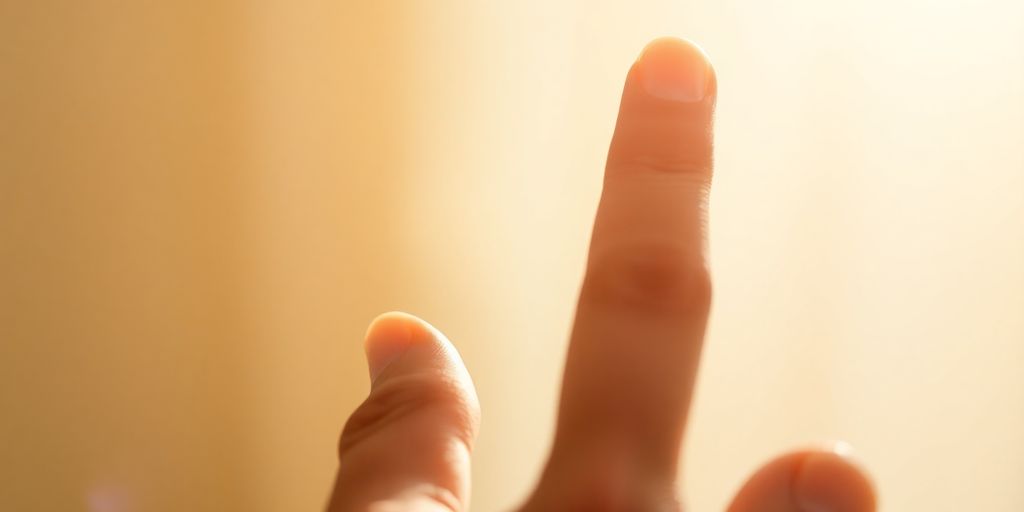 Hand pointing upward with soft glowing light around.