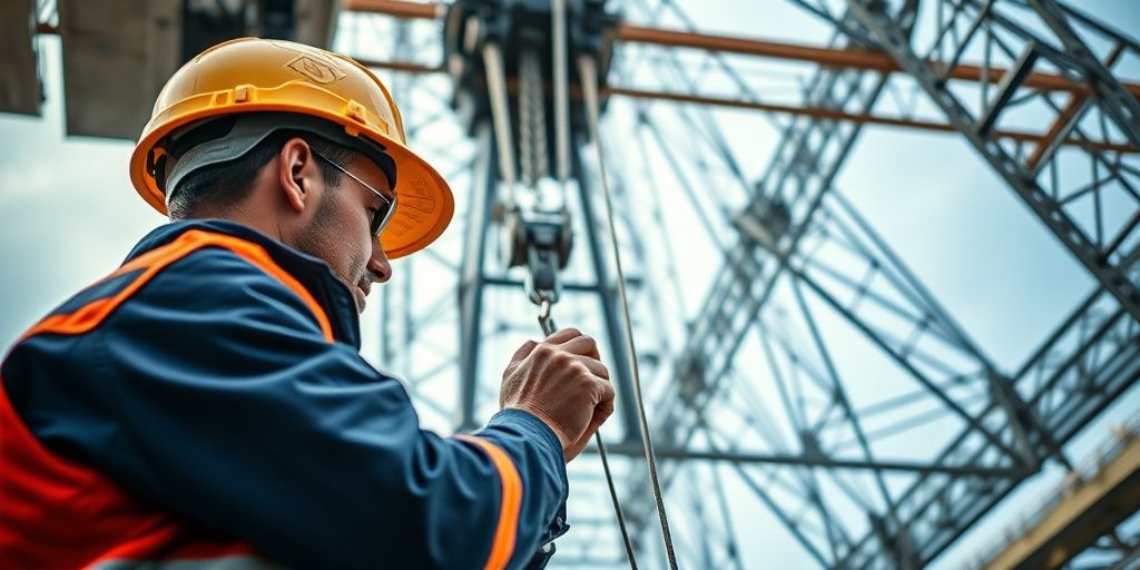 Worker performs a detailed crane inspection.