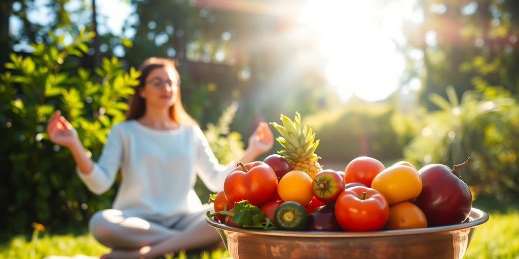 Person enjoying healthy food and nature for stress relief.