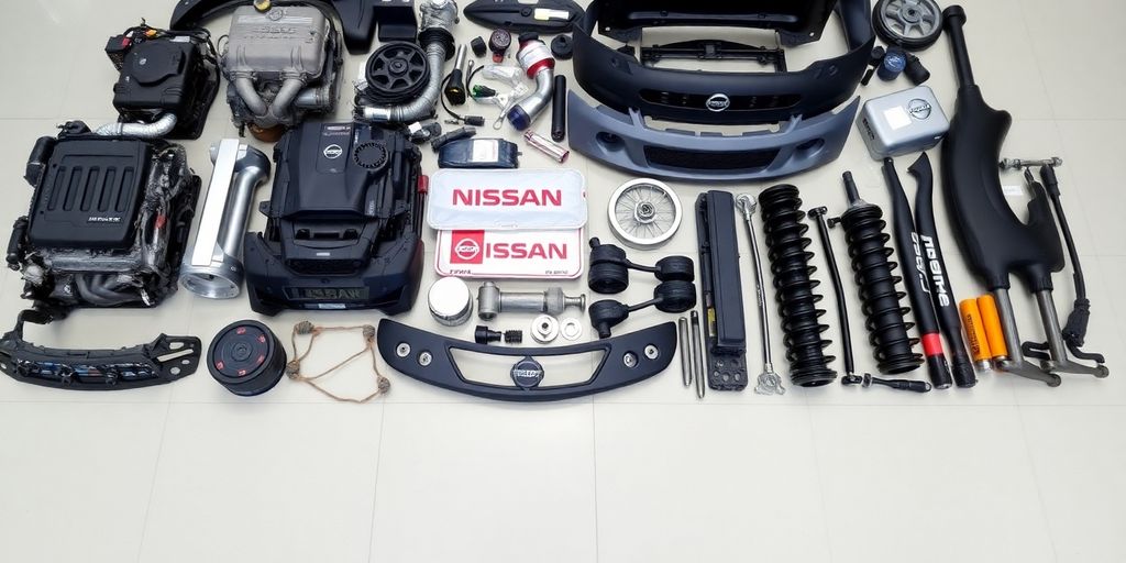 Nissan car parts laid out.
