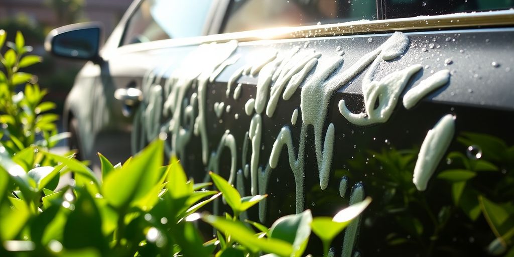 Eco-friendly car wash with vibrant greenery and sunlight.
