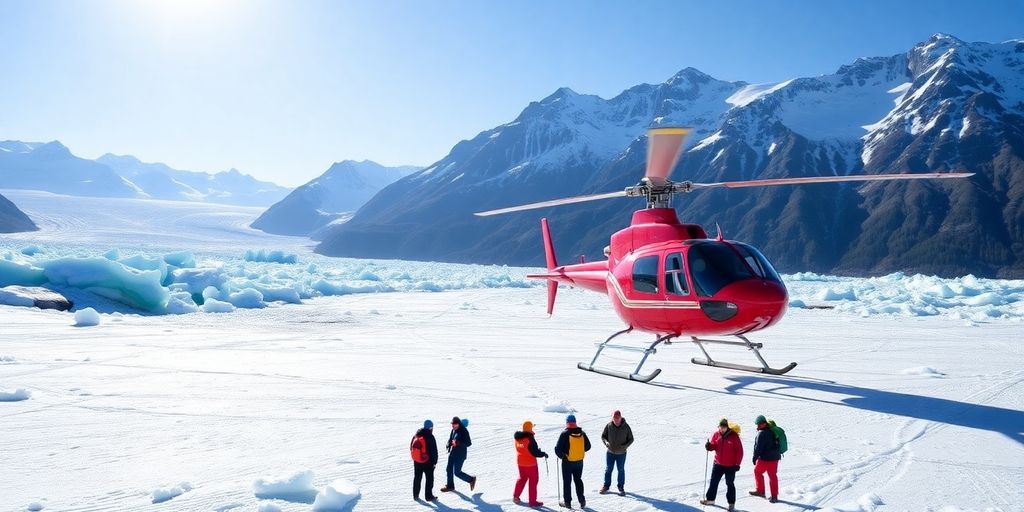 A helicopter and hikers on a vast, blue ice glacier.