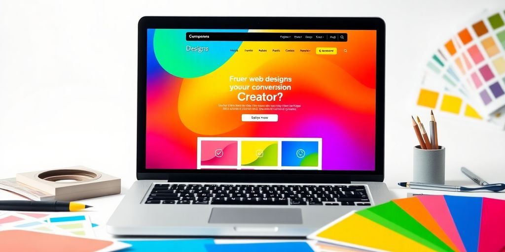 Laptop with website design and creative tools around it.