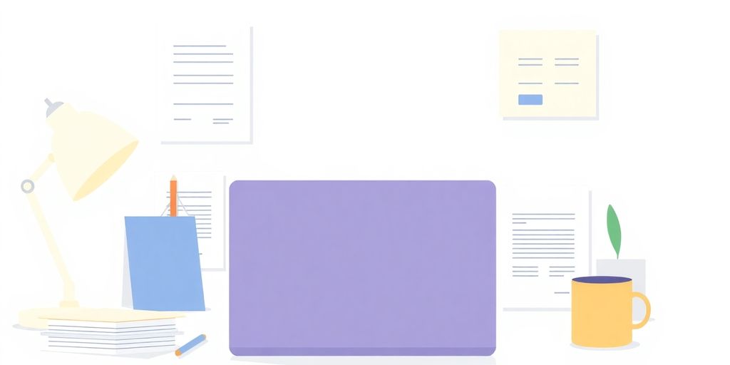 Illustrasjon av arbeidsplass med laptop og dokumenter.