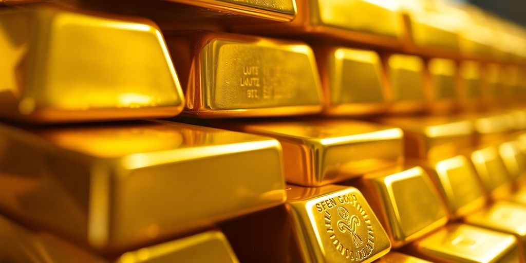 Lingots d'or brillant sous une lumière dorée.