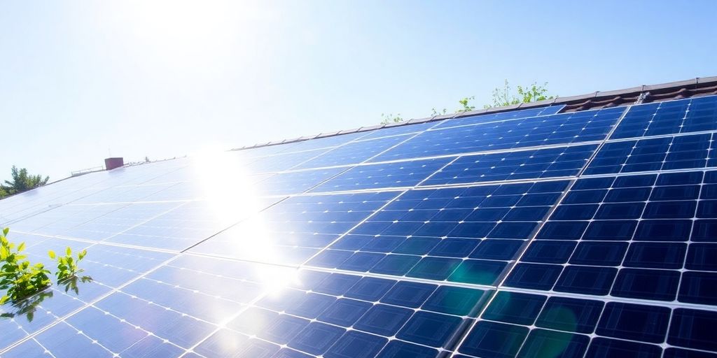 Solar panels installed on a sunny rooftop with greenery.
