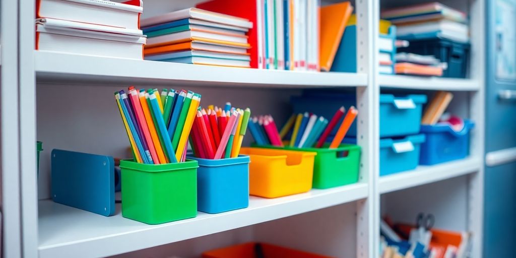 Colorful classroom accessories neatly organized.