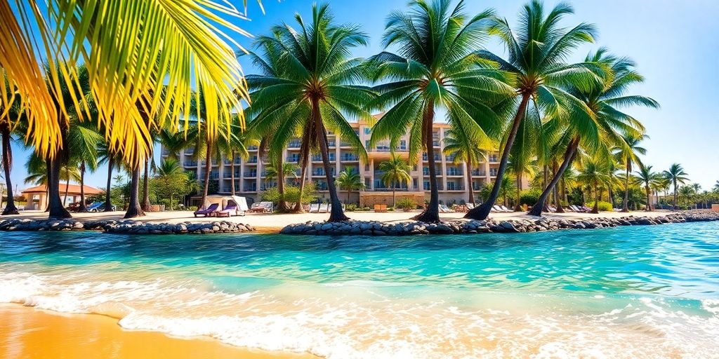 Azure ocean, golden sand, palm trees, resort.