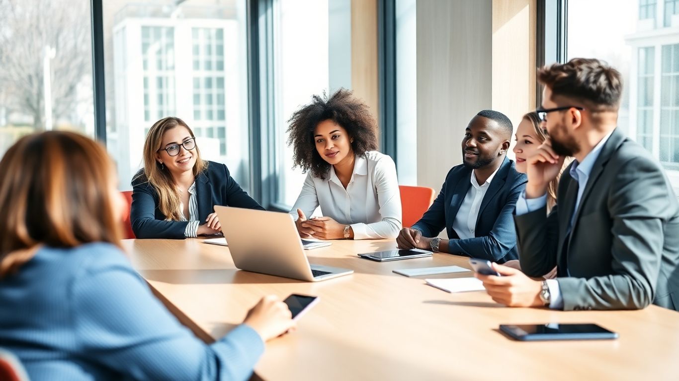 Business team meeting in modern bright boardroom