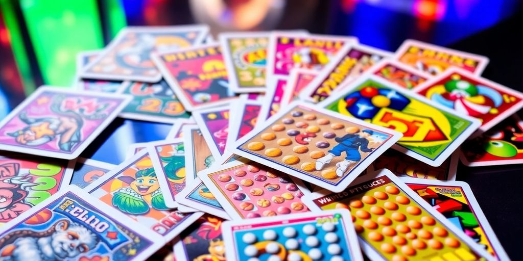 Colorful scratch cards on a table for online casino games.