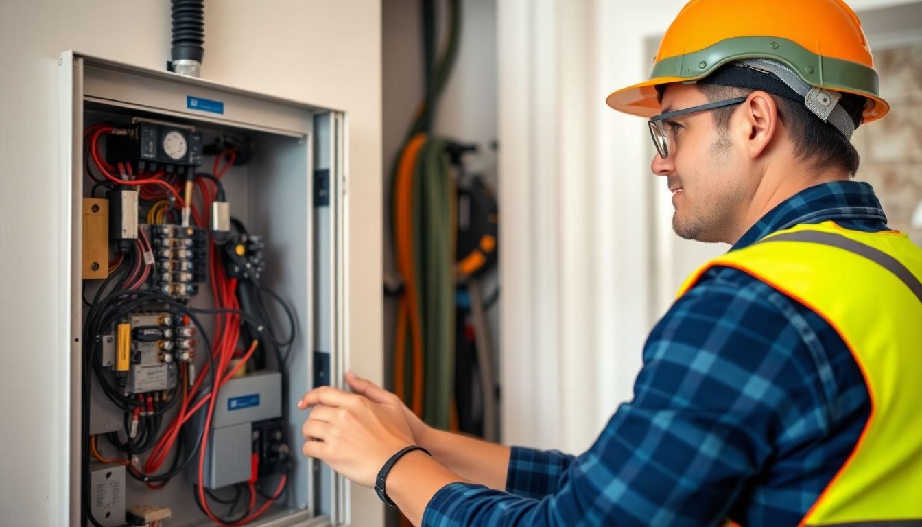 Electrician working on a residential electrical panel in London.