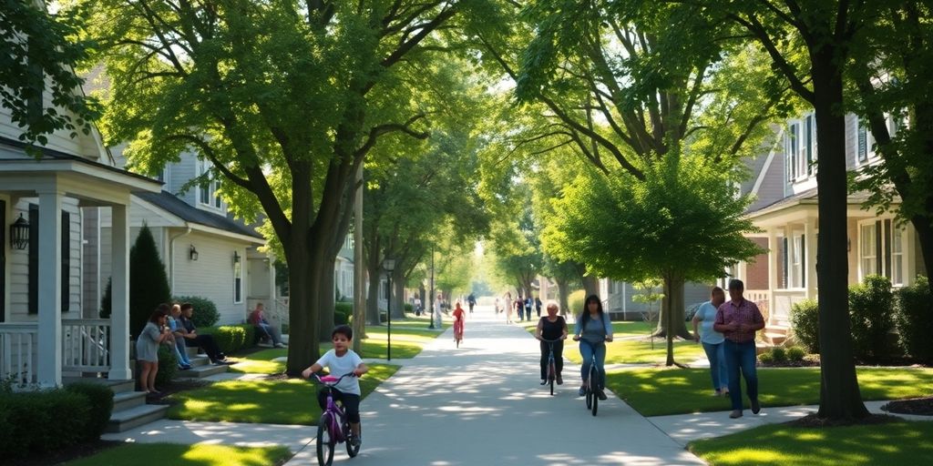 Peaceful neighborhood street, children playing, diverse families.