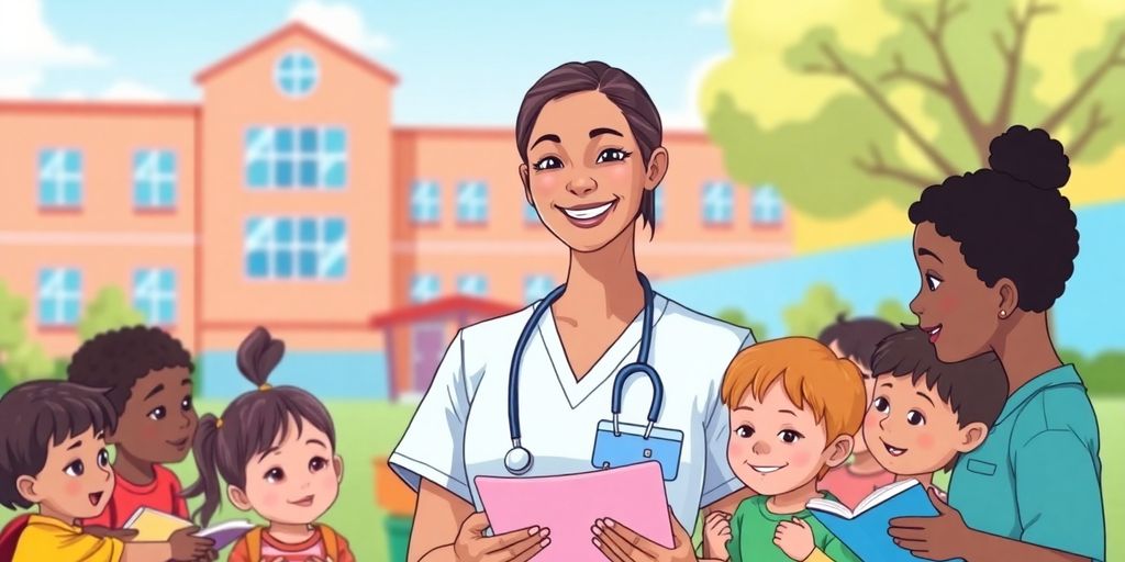 Nurse with children, school setting.