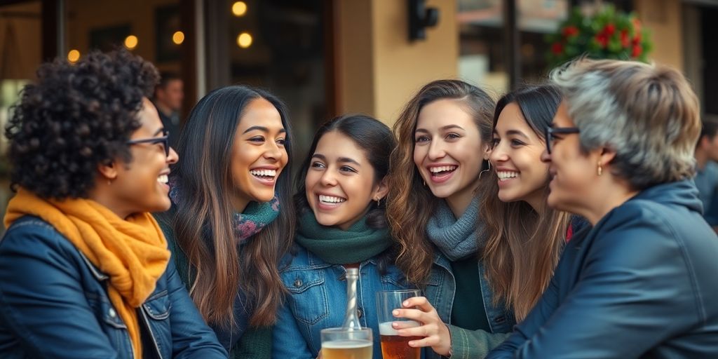Friends laughing together outdoors.
