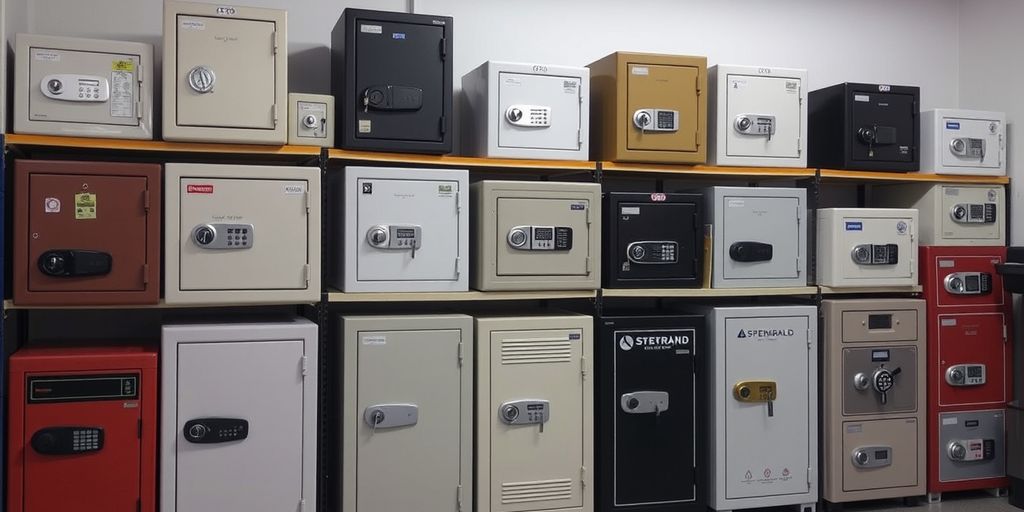 Various safes and safety boxes on shelves.