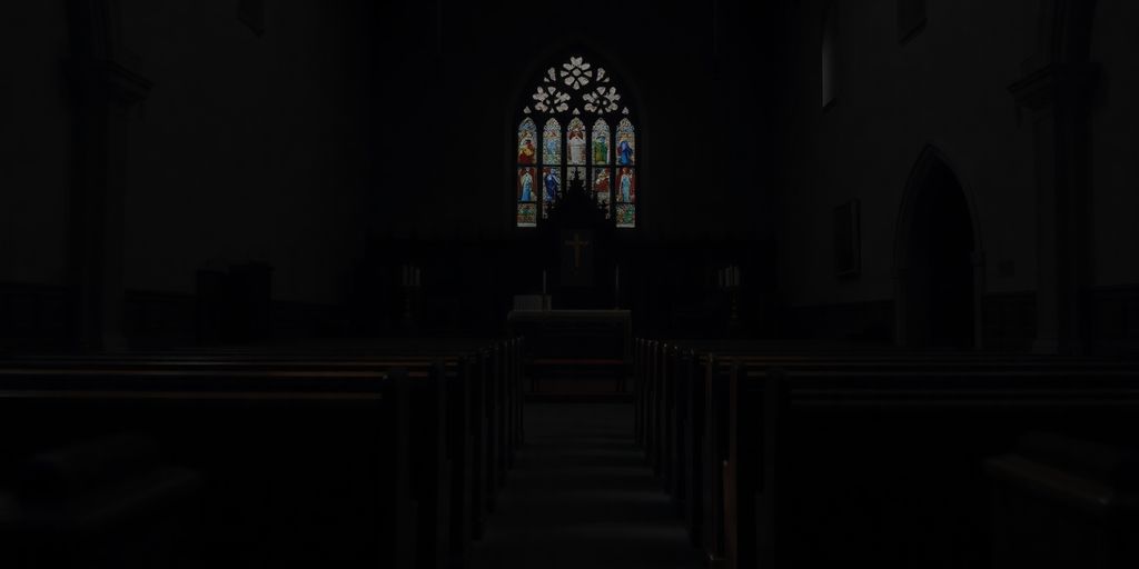 Interior of a dark and tense church.