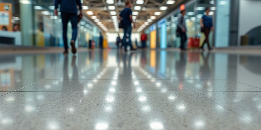 Clean commercial floor with bright reflections.