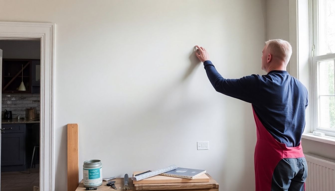 Professional plasterer working on a wall in London.