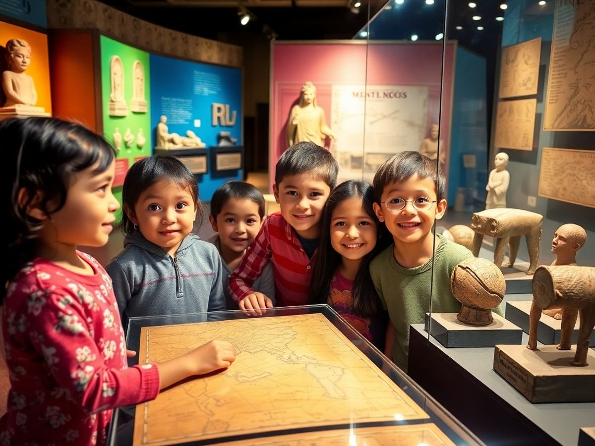 Copii explorând o expoziție antică plină de artefacte.
