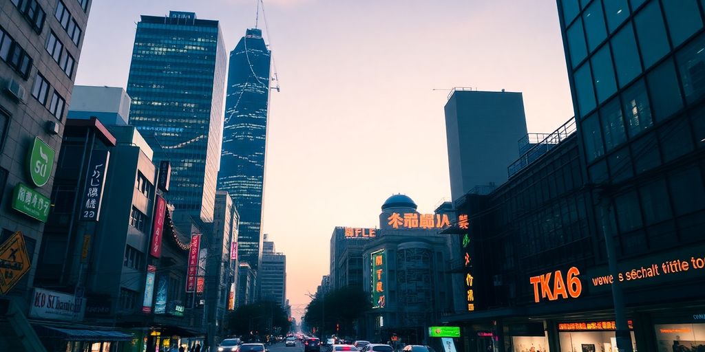 Tokyo cityscape with illuminated skyscrapers and vibrant streets.