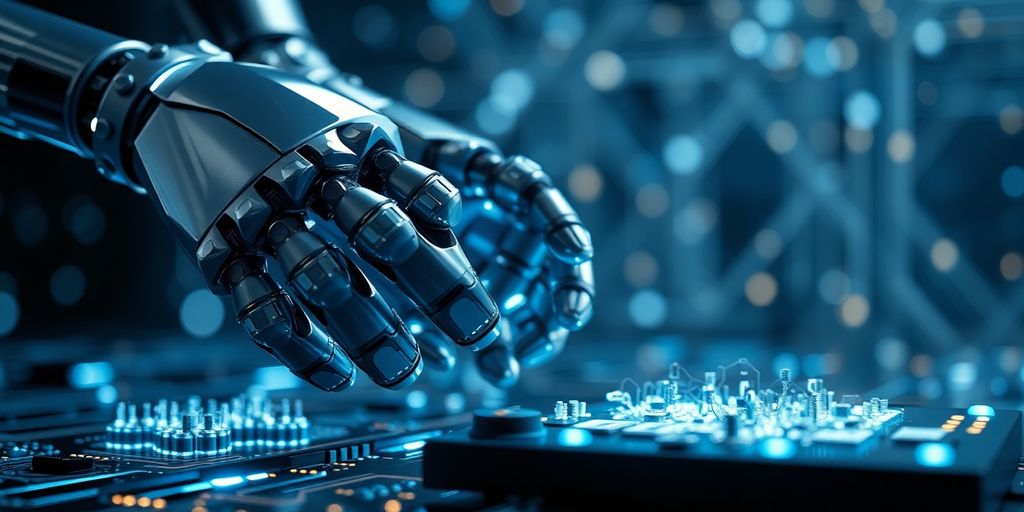 Robotic hands building digital products.