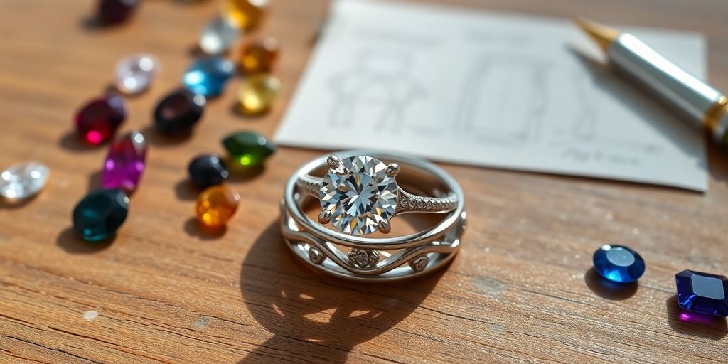 Engagement ring with diamond and design sketches on table.
