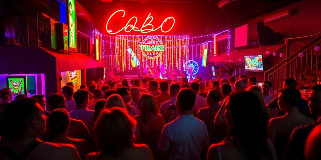 Cabo nightlife with crowds, neon lights, and dancing.