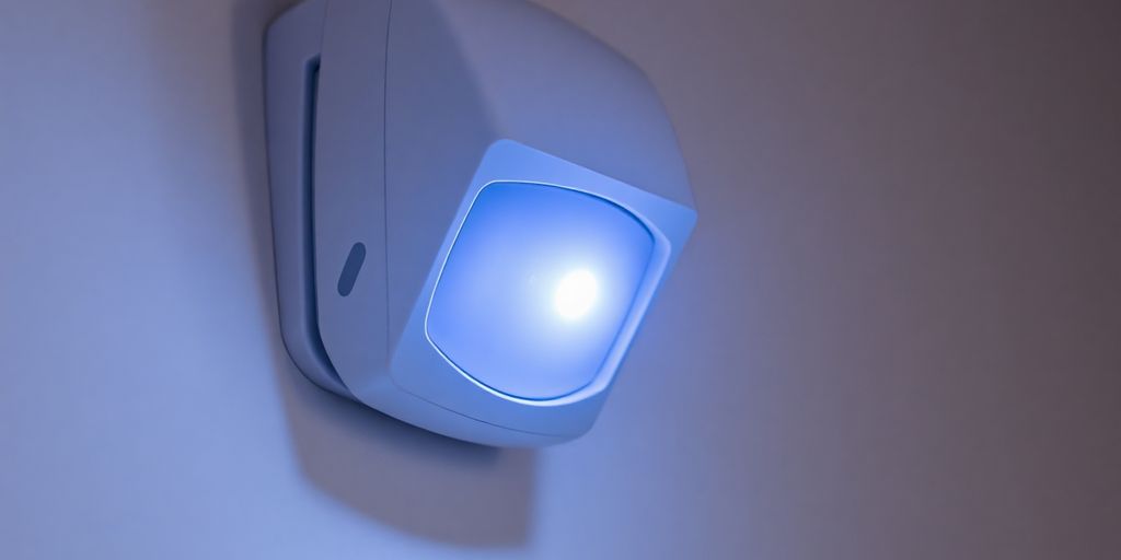 Sensor de movimiento con proyector LED encendido en oscuridad.