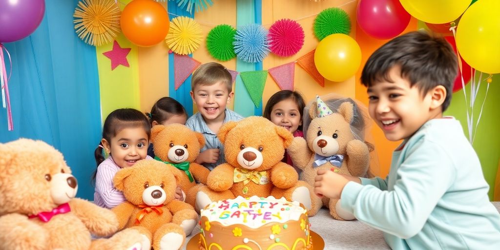 Children enjoying a teddy bears party with joyful expressions.